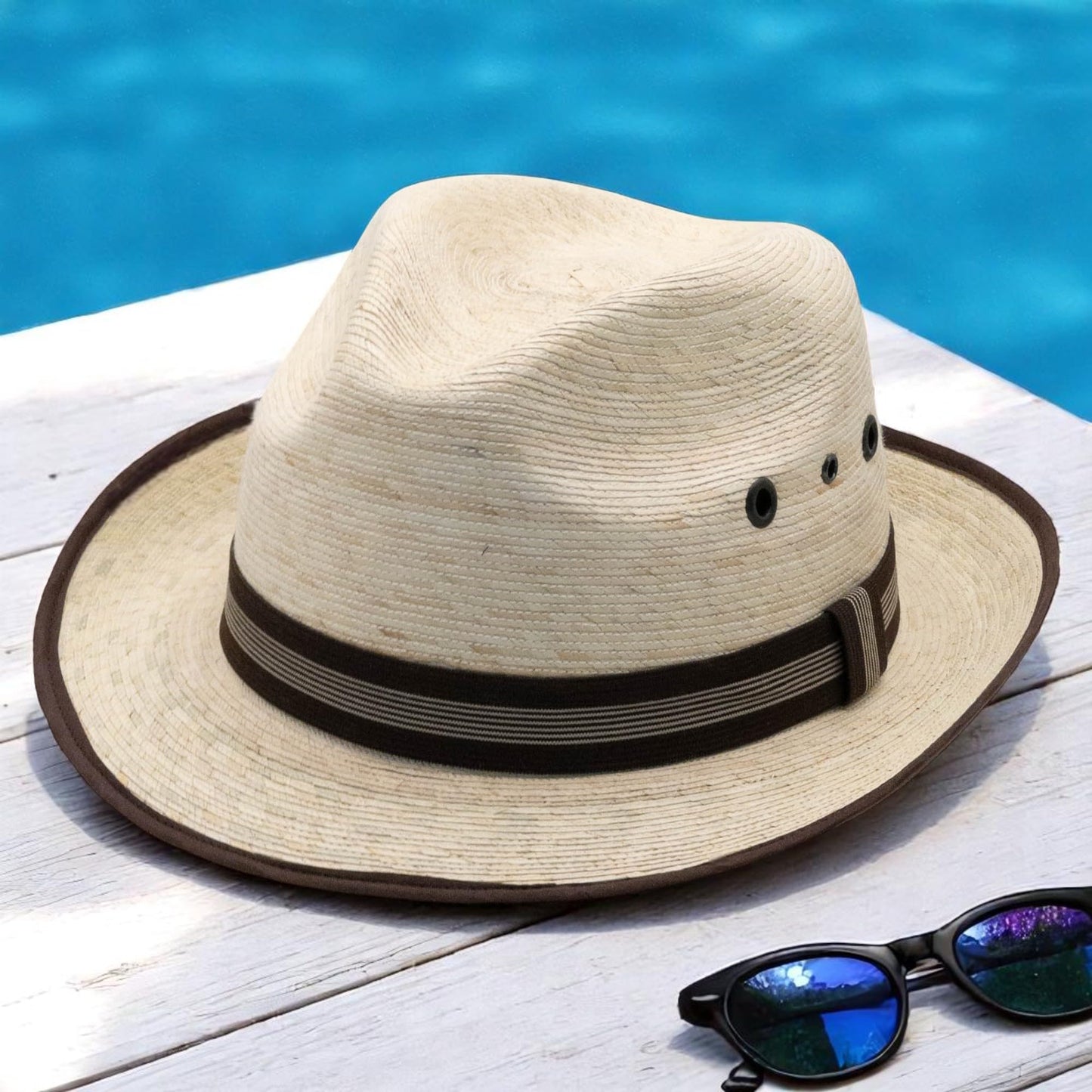 Sombrero estilo panamá de ala corta hecho de hojas de palma