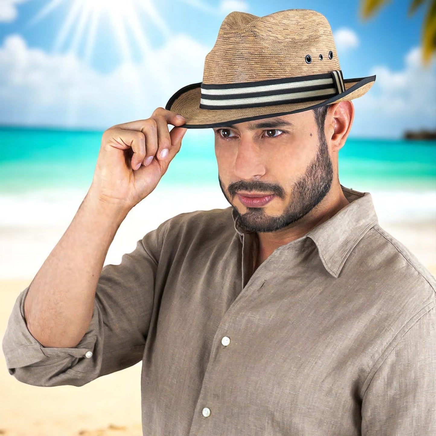 Sombrero estilo panamá de ala corta hecho de hojas de palma